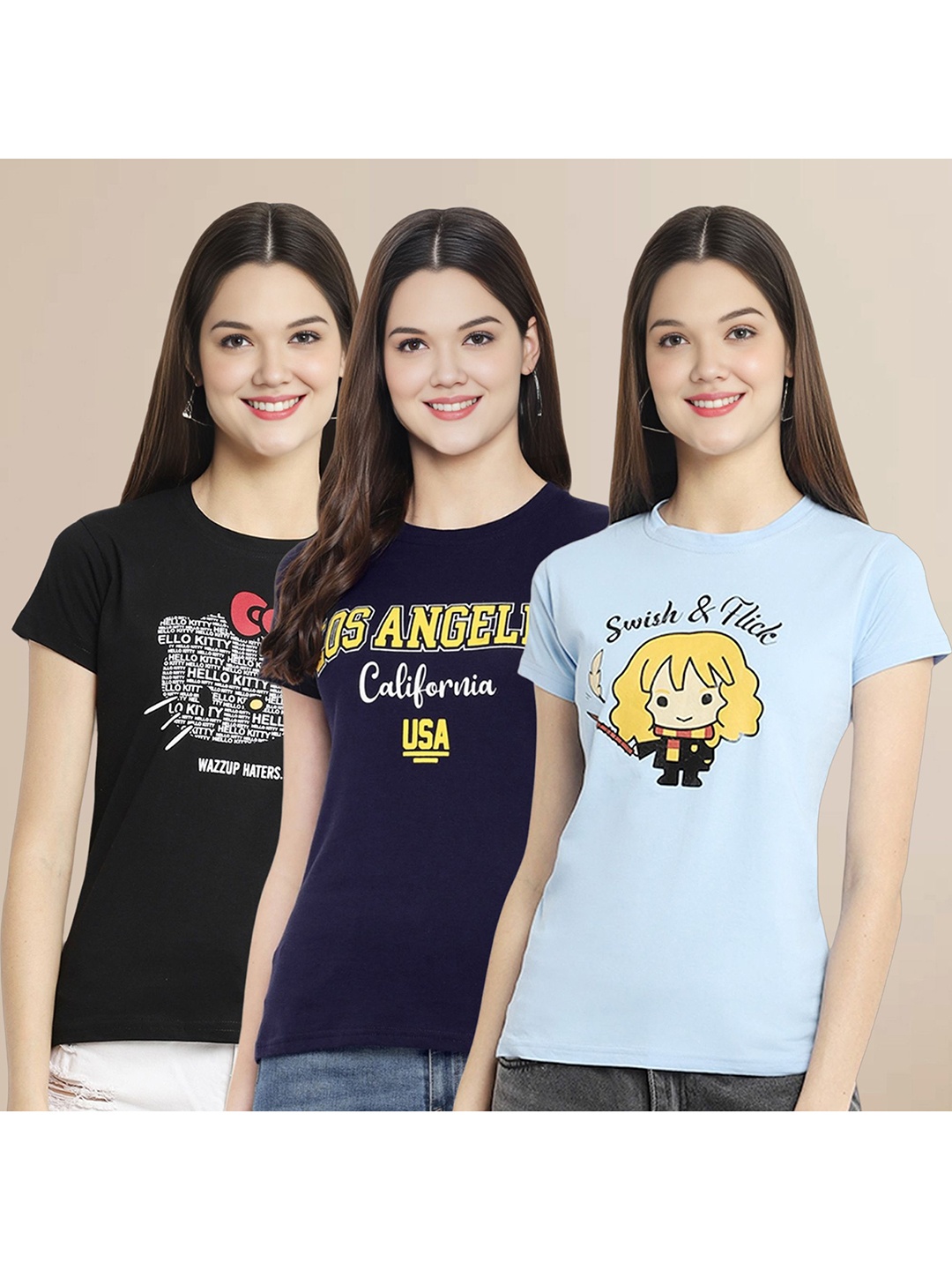 

Metronaut Women Pack Of 3 Typography Printed Round Neck Cotton T-shirts, Black