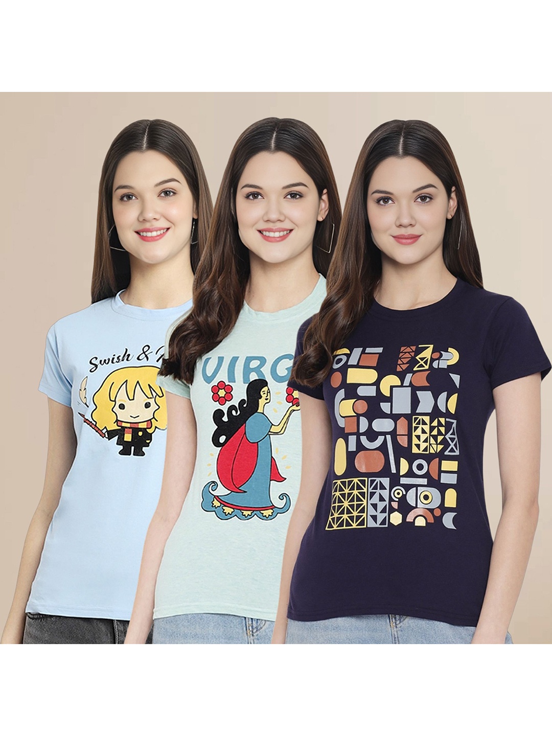 

Metronaut Women Pack Of 3 Typography Printed Round Neck Cotton T-shirts, Blue
