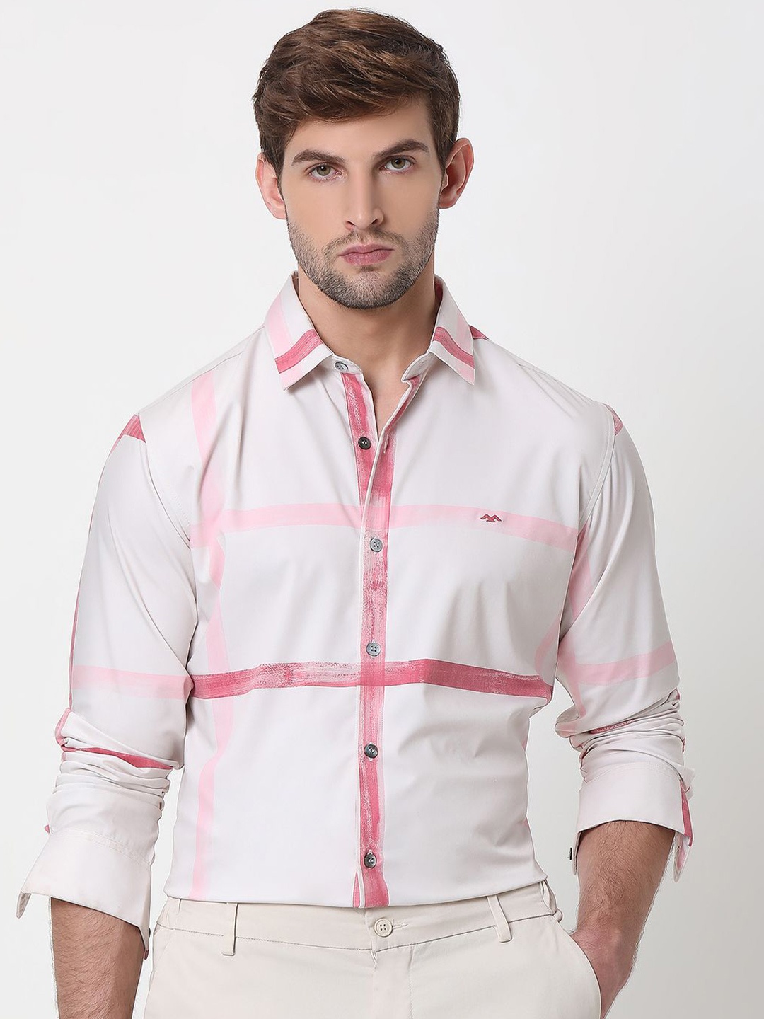 

Mufti Men Spread Collar Checked Slim Fit Casual Shirt, Pink
