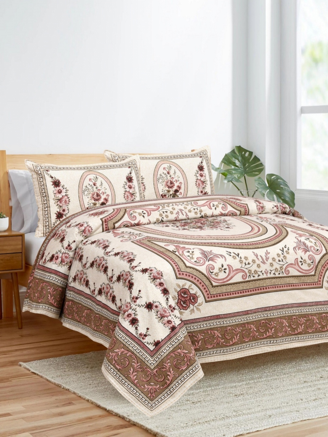 

HOME HEAVENS Brown & Pink 3 Piece Ethnic Motifs Cotton Double Queen Superfine Bedding Set