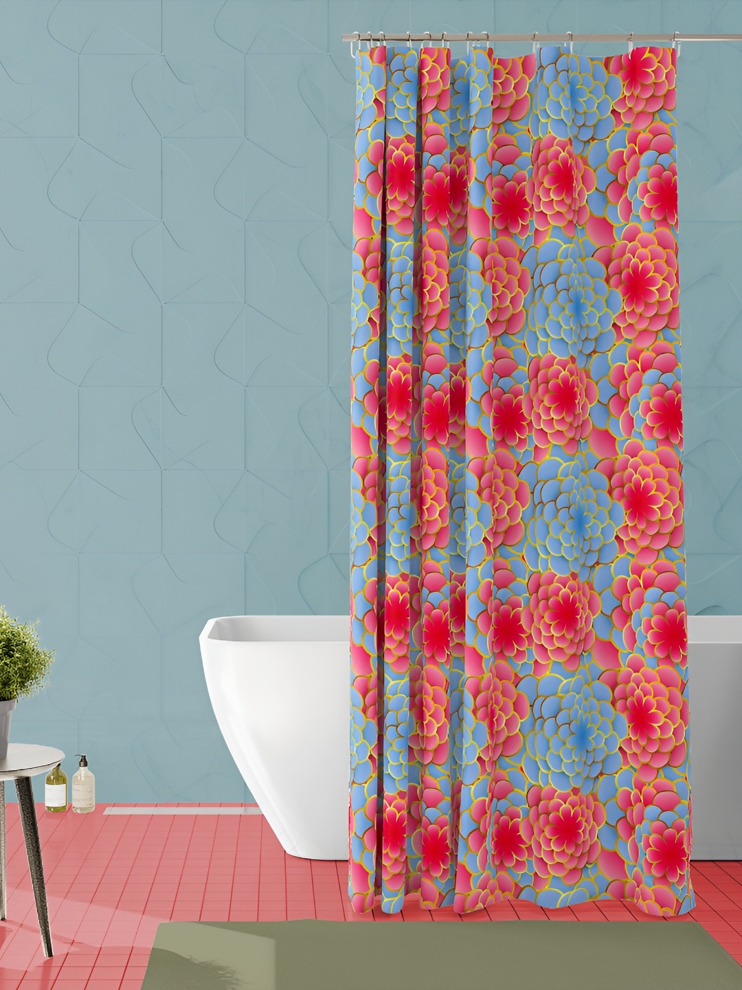 

ArtzFolio Blue & Pink Floral Printed Waterproof Shower Curtain