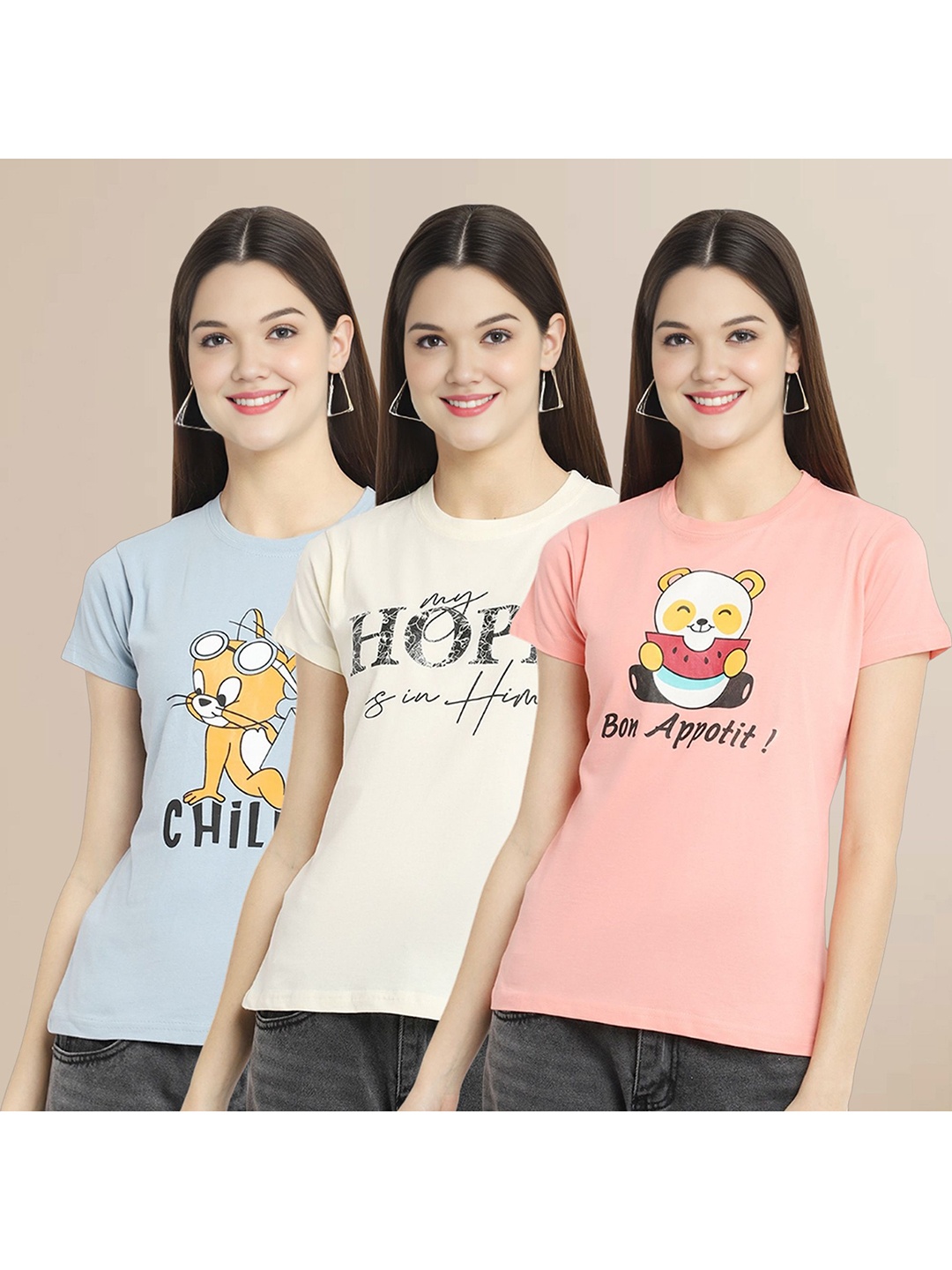 

Metronaut Women Pack Of 3 Graphic Printed Round Neck Cotton Tom & Jerry T-shirts, Blue