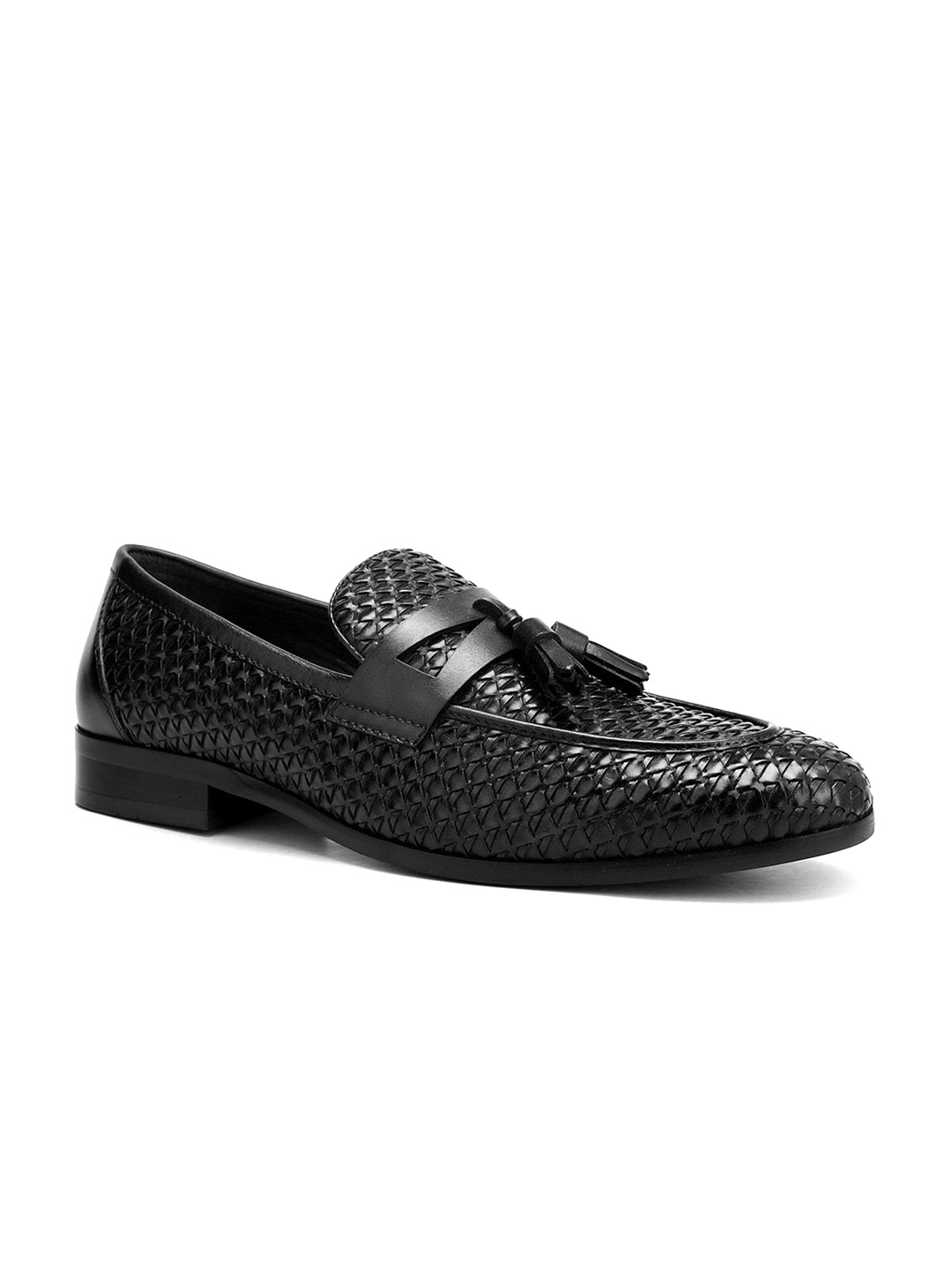 

ROSSO BRUNELLO Men Textured Mid-Top Slip On Loafers Formal Shoes, Black