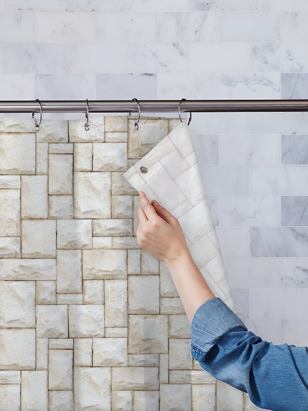 

ArtzFolio Cream Coloured & White Printed Waterproof Shower Curtains