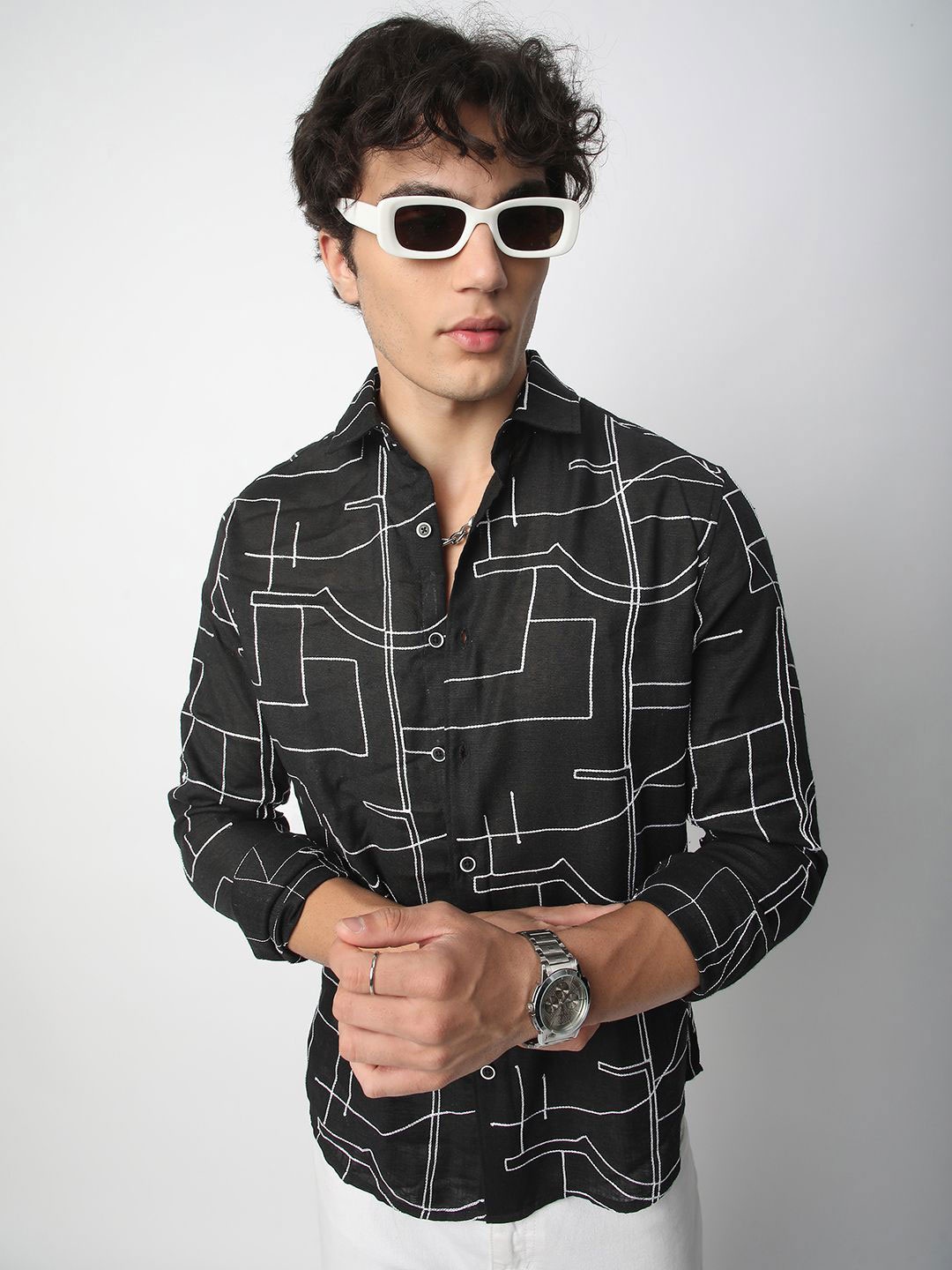 

VASTRADO Men Classic Spread Collar Textured Cotton Slim Fit Casual Shirt, Black
