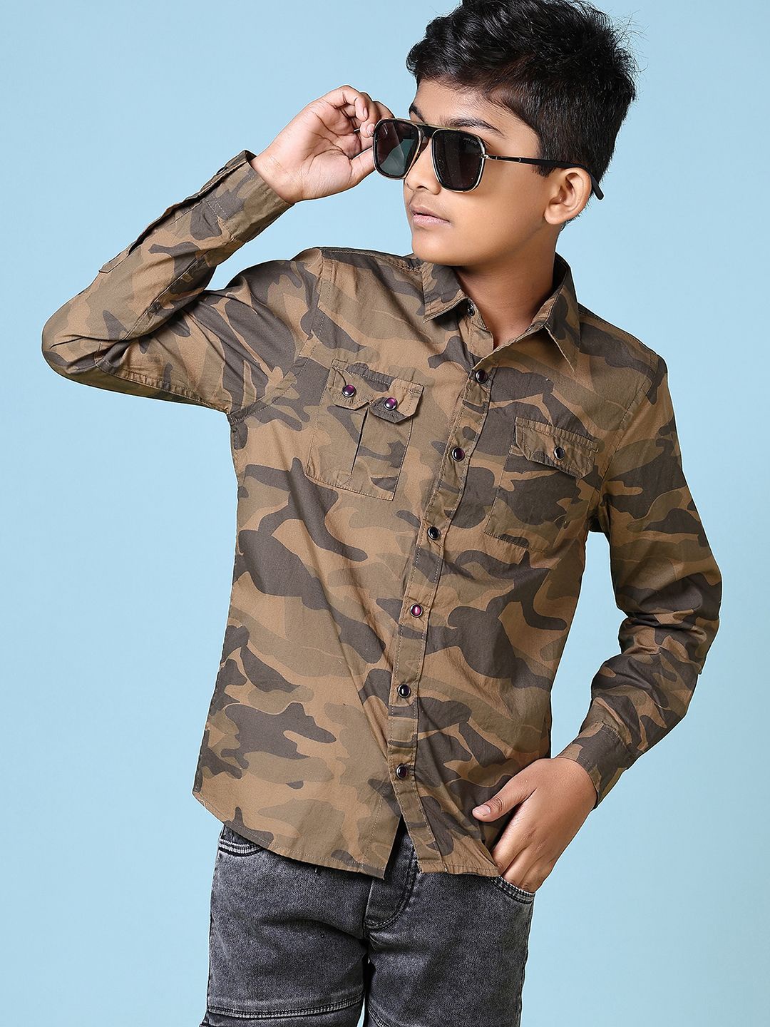 

V-Mart Boys Spread Collar Camouflage Printed Cotton Casual Shirt, Brown
