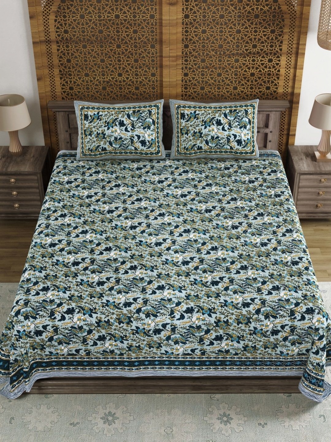 

BLOCKS OF INDIA Green & White Floral 120 TC King Bedsheet Set 2.18 m x 2.64 m