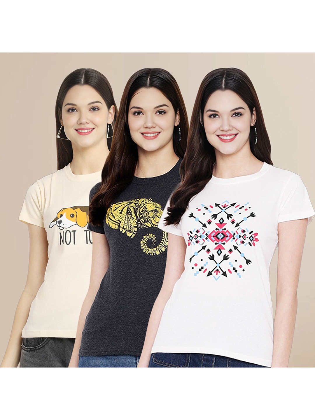 

Metronaut Women Pack Of 3 Typography Printed Round Neck Cotton T-shirts, Black