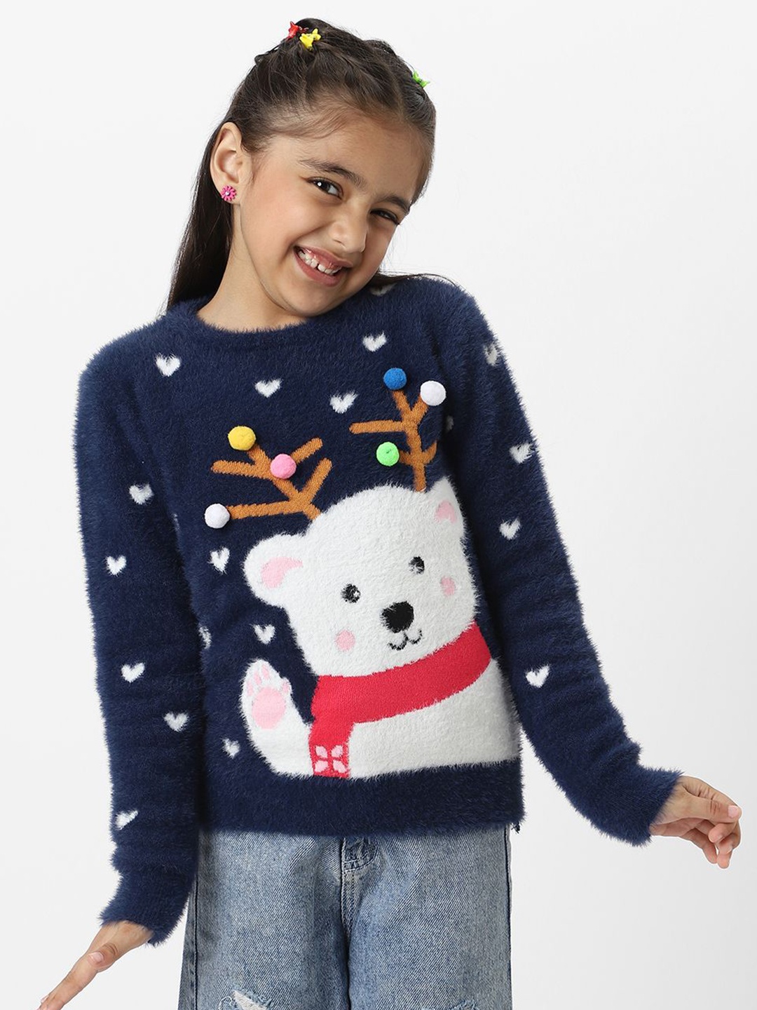 

Nautinati Girls' Holiday-Themed Jaquard Full Sleeves Acrylic Sweater, Navy blue