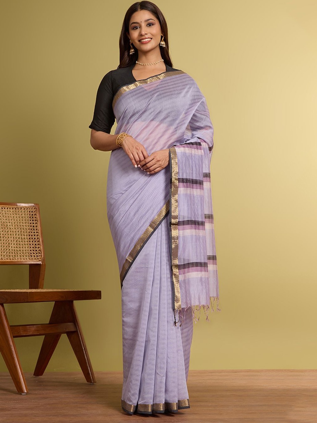 

Taneira Striped Zari Maheshwari Saree, Violet