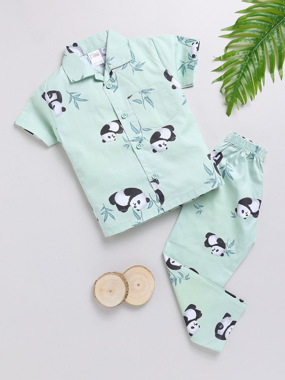 

NAUTI KIDZ Boys Pure Cotton Shirt Collar Printed Night Suit, Green