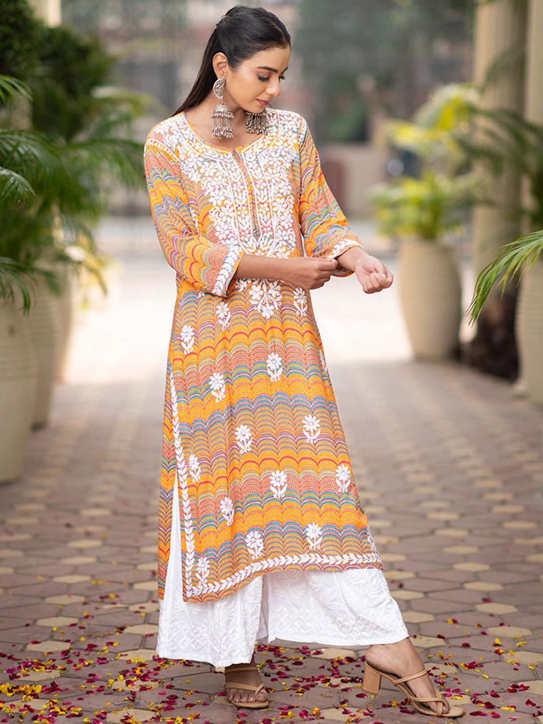 

Rangreza Ethnic Floral Embroidered Chikankari Cotton Straight Kurta, Orange