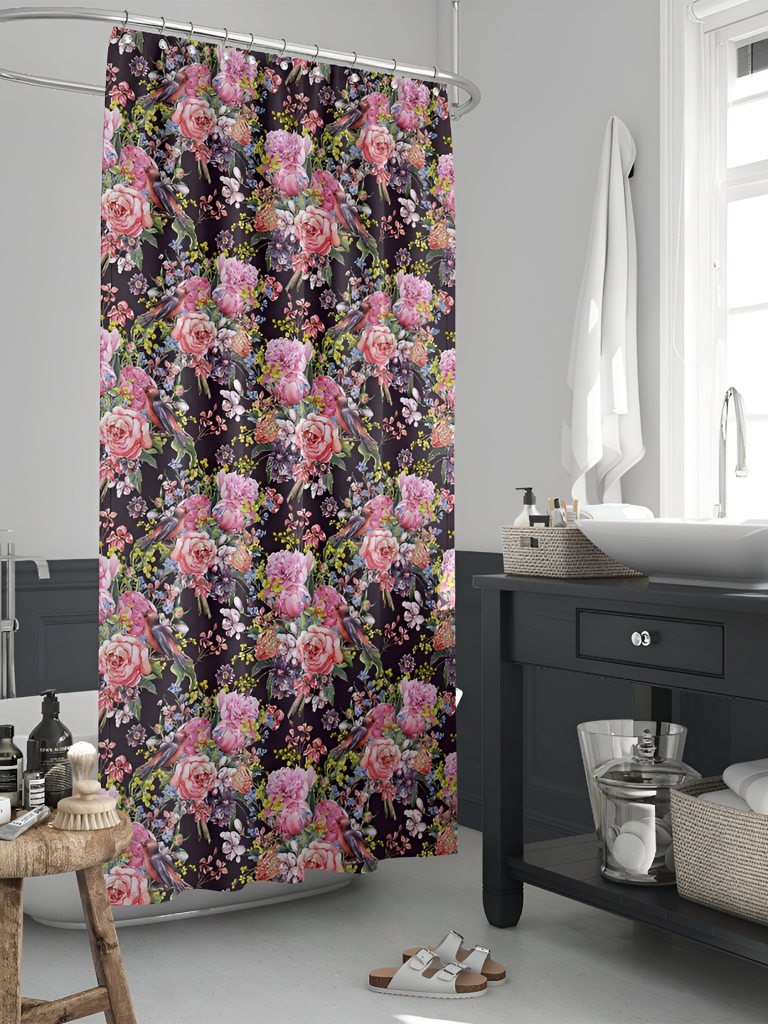 

ArtzFolio Black & Pink Floral Printed Waterproof Shower Curtains