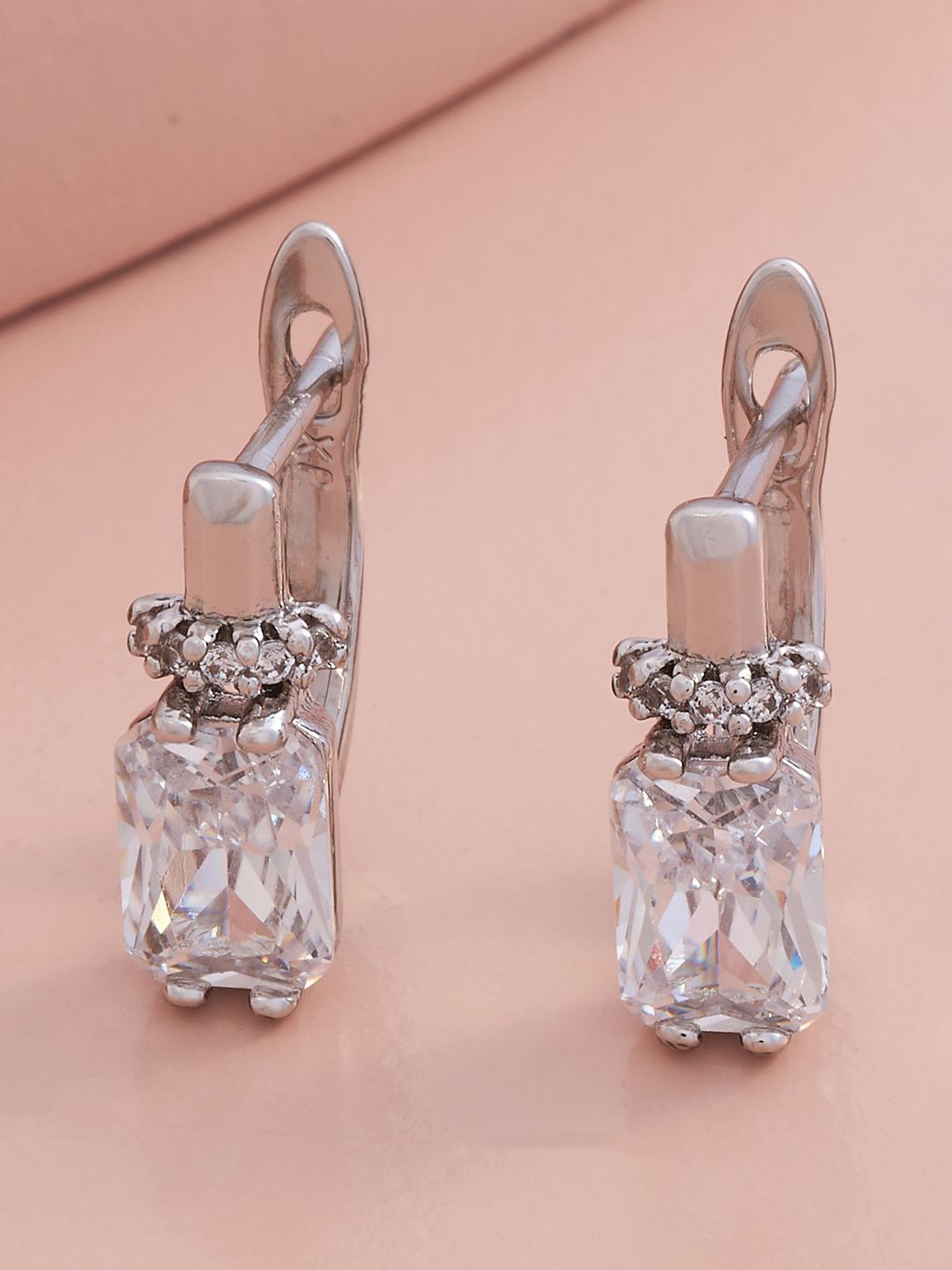 

Kushal's Fashion Jewellery Rhodium-Plated Zircon Square Hoop Earrings, Silver