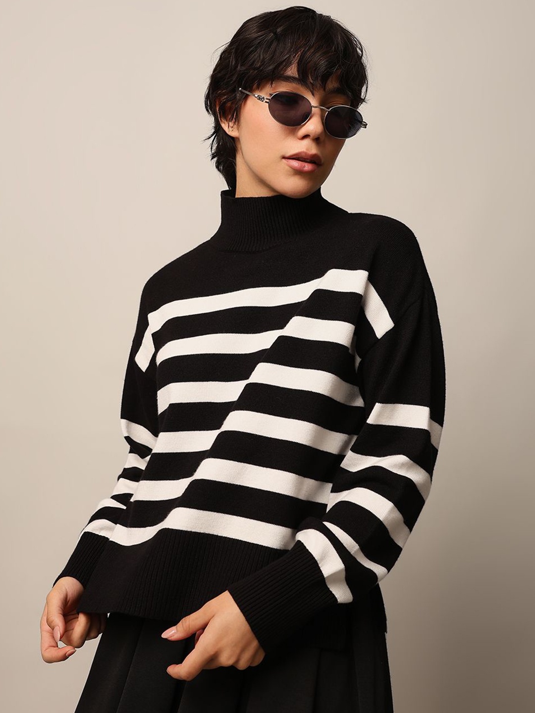 

ONLY Women Striped Fuzzy Detail Mock Collar Pullover Sweaters, Black