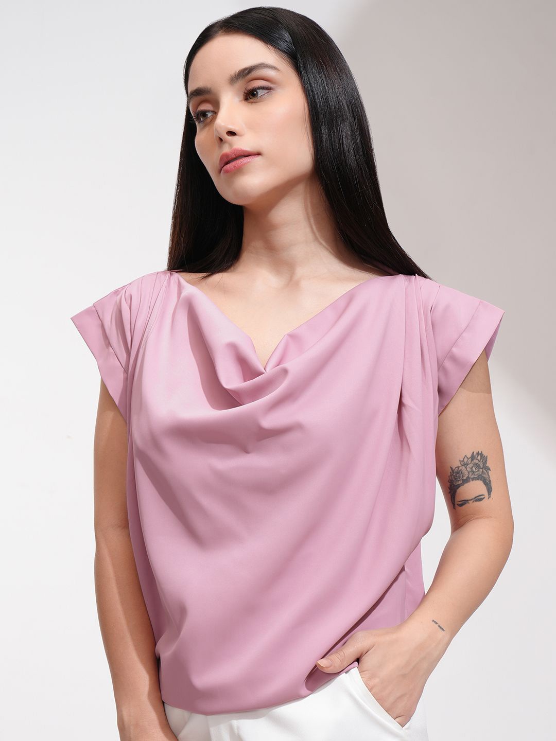 

Tokyo Talkies Women Solid Relaxed Fit Cowl Neck Top, Pink