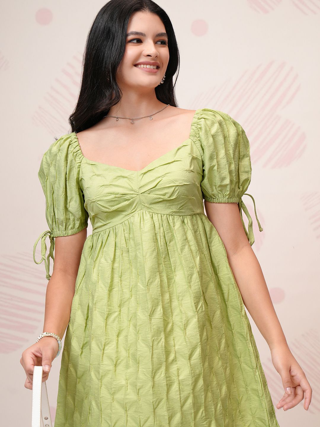 

Tokyo Talkies Women Puff Sleeve Fit & Flare Mini Dress, Green