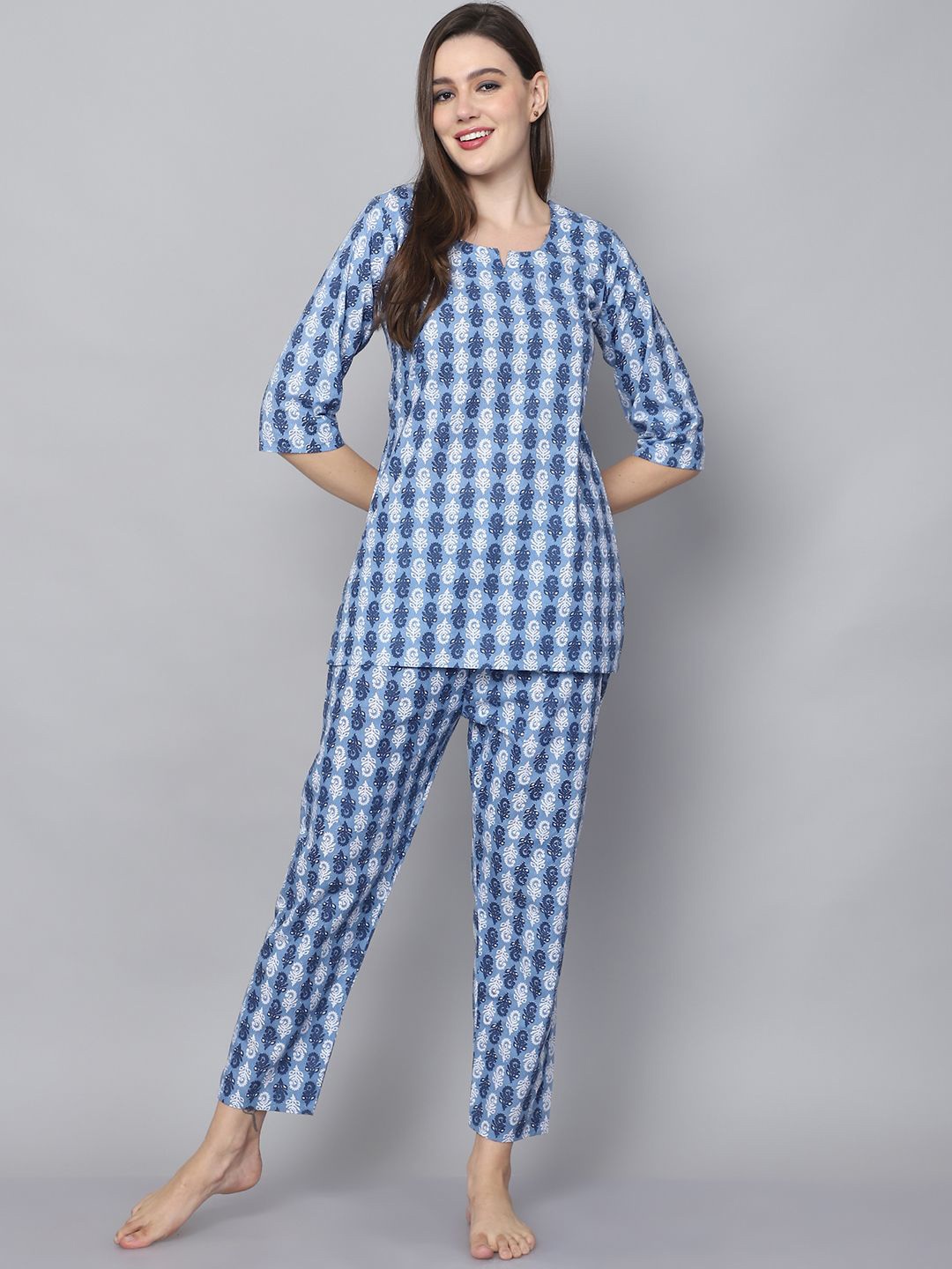 

SOUNDARYA Floral Printed Round Neck Three-Quarter Sleeves Pure Cotton Kurti With Pyjama, Blue