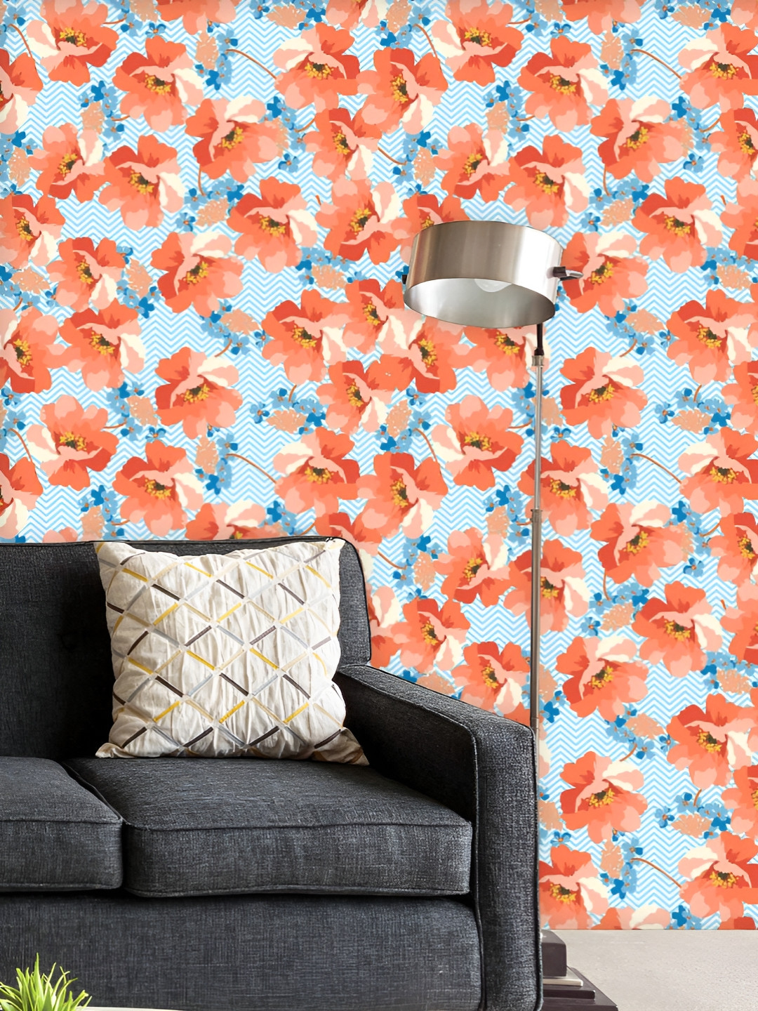 

ArtzFolio Printed UV-Resistant Anti-Bacterial Blue And Coral Flowers Peel & Stick Wallpaper, Multi