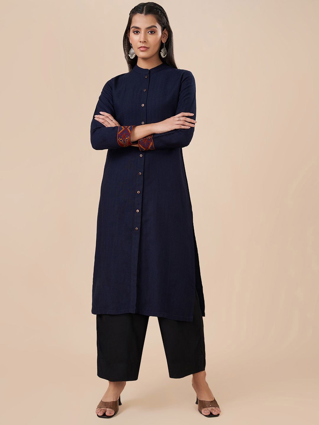 

RANGMANCH BY PANTALOONS Women Flared Sleeves Thread Work Kurta, Blue