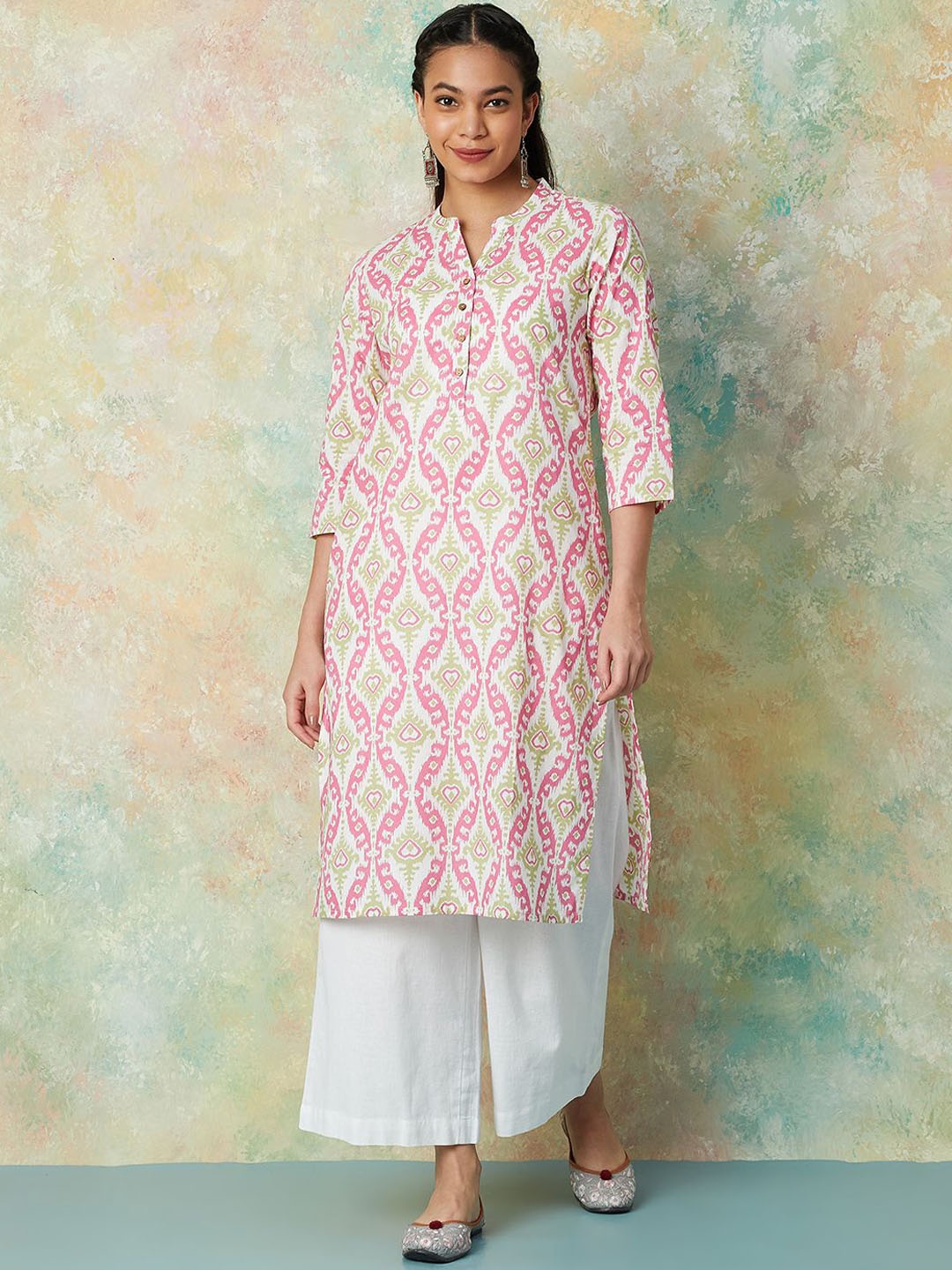 

Melange by Lifestyle Ethnic Motifs Printed Mandarin Collar Pure Cotton Kurta, White