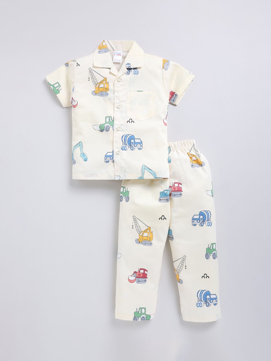 

NAUTI KIDZ Boys Printed Lapel Collar Pure Cotton Night Suit, Off white