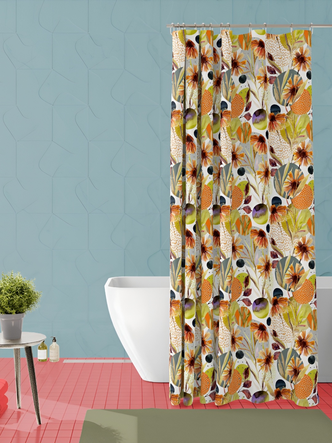 

ArtzFolio Orange and Black Floral Printed Waterproof Shower Curtain