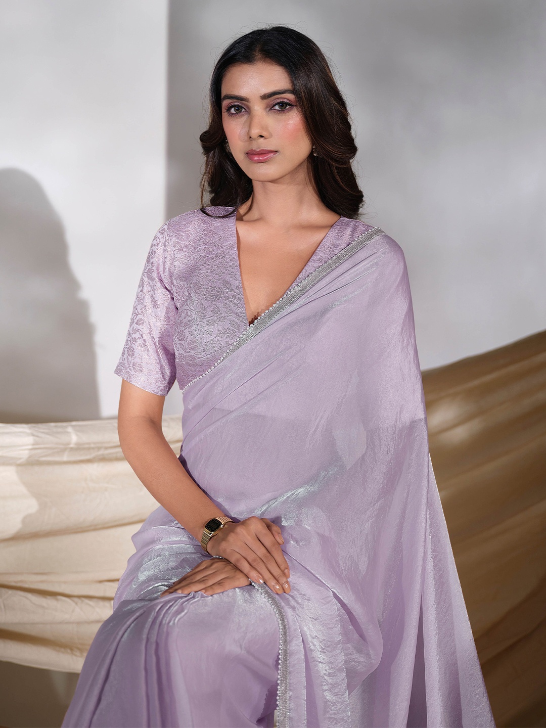 

Sangria Embellished Shimmer Look Saree With Unstitched Blouse, Lavender