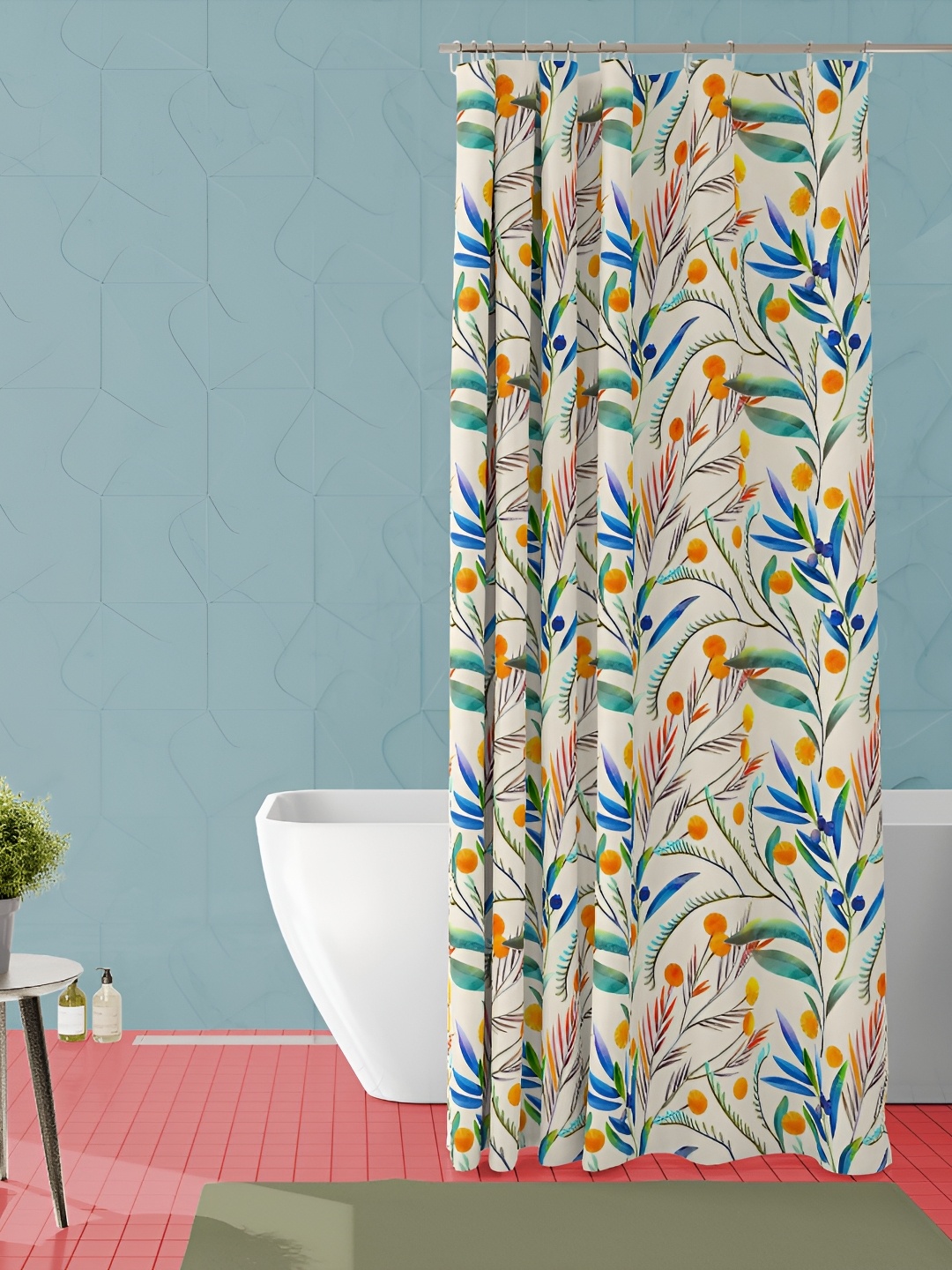 

ArtzFolio Cream & Blue Floral Printed Waterproof Shower Curtain