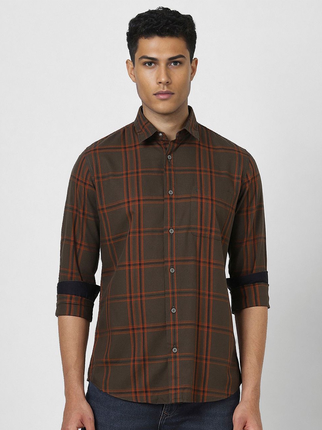 

VAN HEUSEN DENIM LABS Men Slim Fit Opaque Checked Casual Shirt, Brown