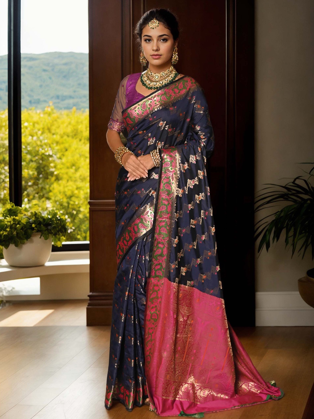 

Anouk Woven Design Zari Saree, Navy blue