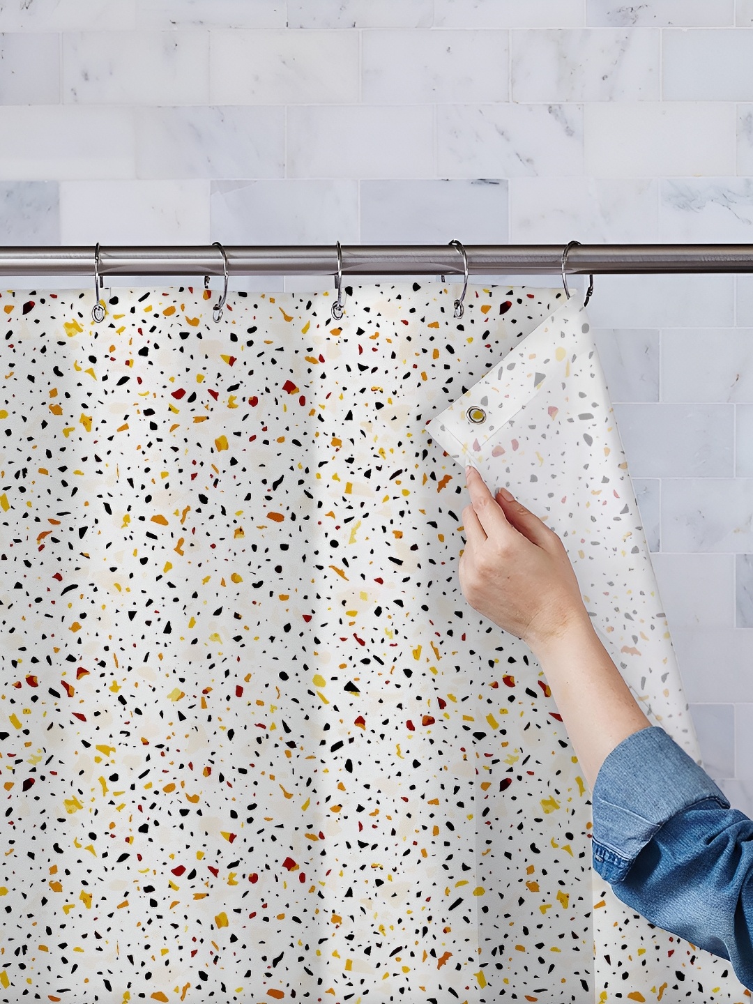 

ArtzFolio White & Yellow Printed Waterproof Shower Curtain