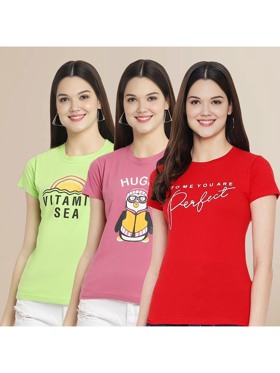 

Metronaut Women Pack Of 3 Typography Printed Round Neck Cotton T-shirts, Green