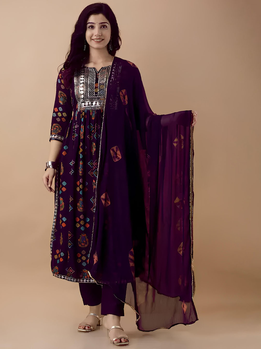 

zinariya Fab Floral Printed Regular Sequin Work Kurta With Trouser With Dupatta, Purple