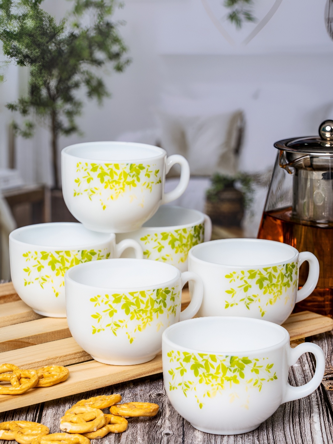 

Cello White & Green 6 Pieces Floral Printed Opalware Glossy Cups 160ml