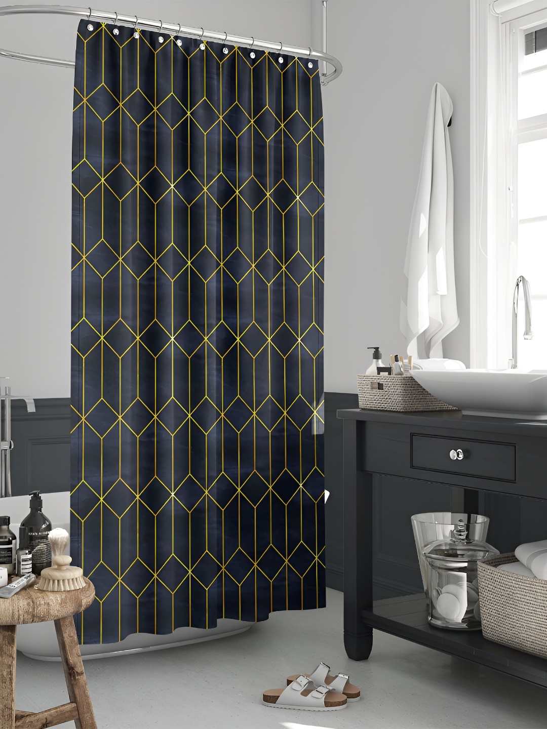 

ArtzFolio Navy blue & Yellow Printed Waterproof Shower Curtain