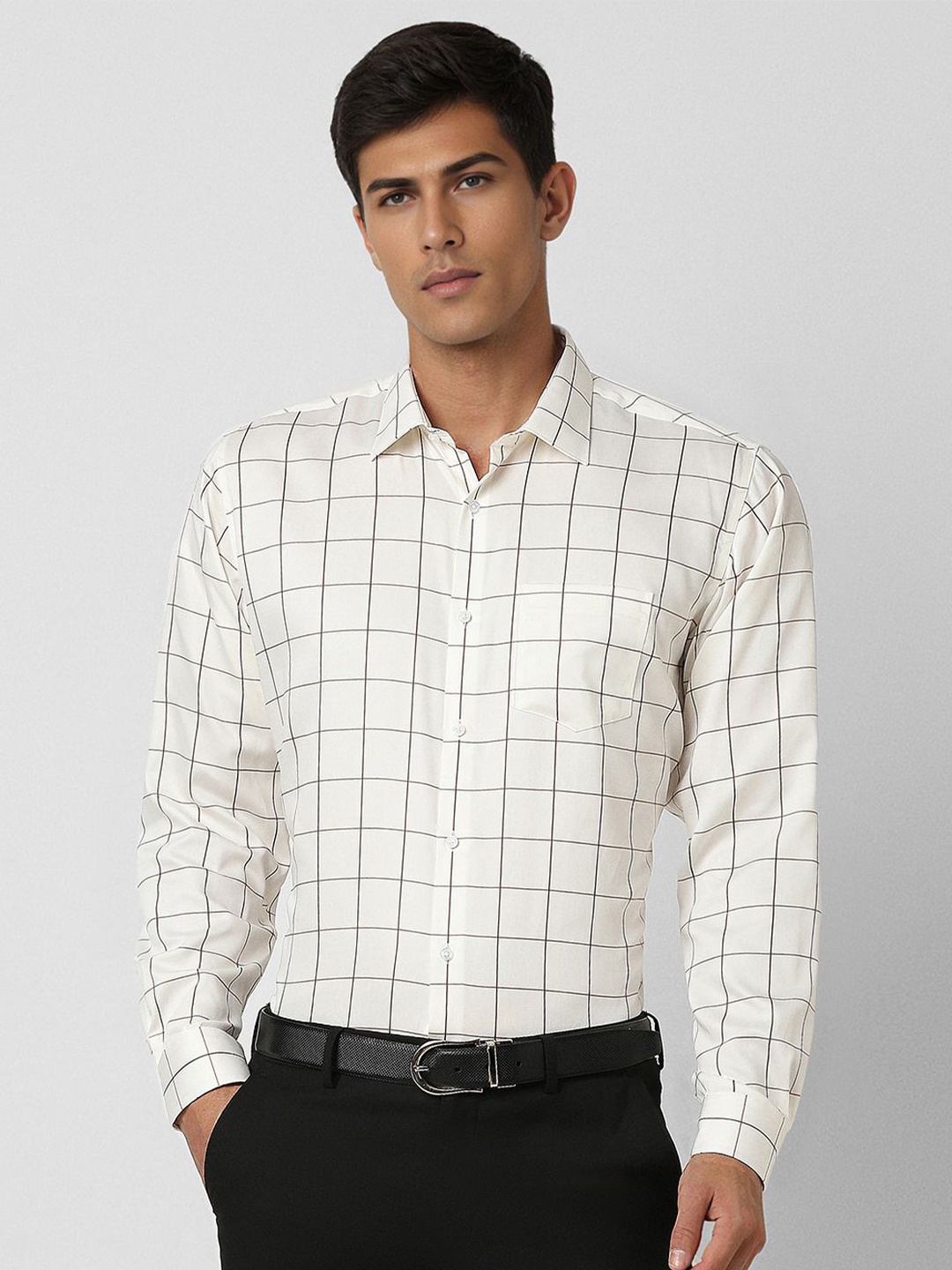 

Van Heusen Men Spread Collar Tartan Checked Cotton Slim Fit Formal Shirt, Cream