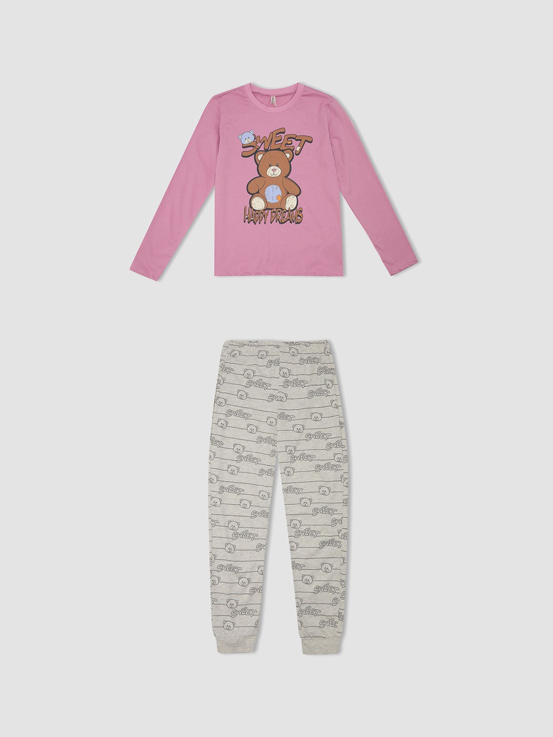 

DeFacto Girls Pure Cotton Graphic Printed Night suit, Pink