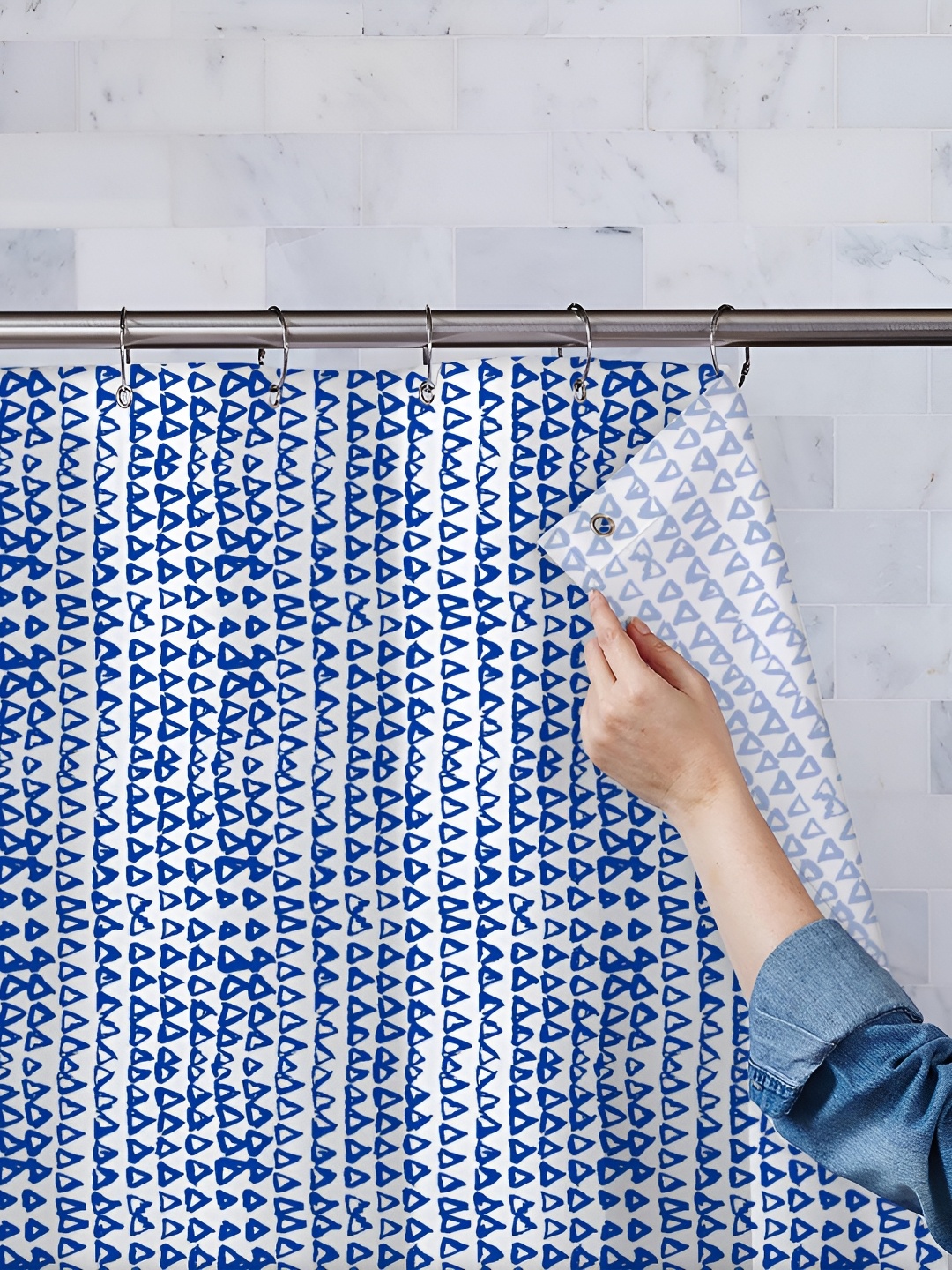 

ArtzFolio White & Blue Geometric Printed Waterproof Shower Curtain