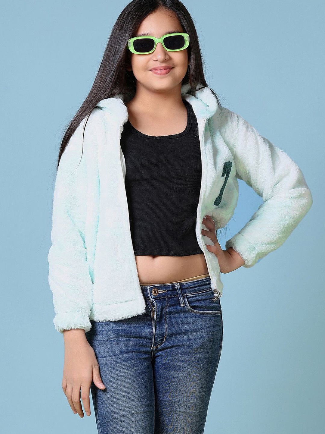 

V-Mart Girls Cotton Printed Fur Hooded Neck Sweatshirt, Green