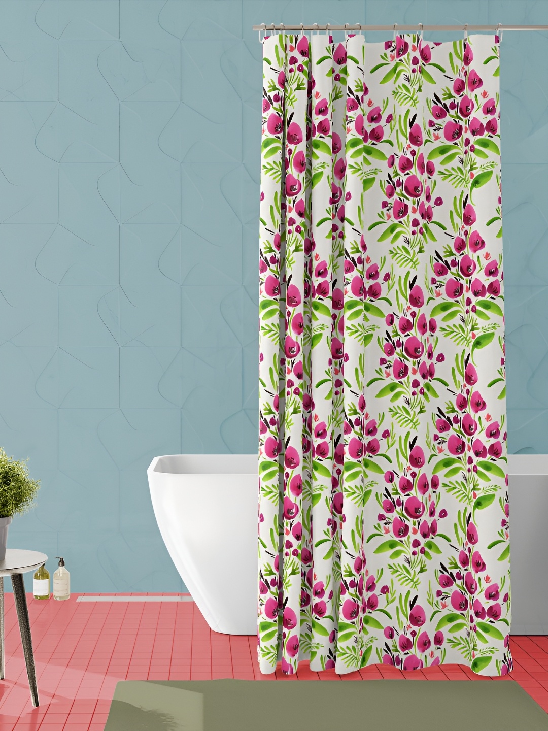 

ArtzFolio Pink & Green Floral Printed Waterproof Shower Curtain