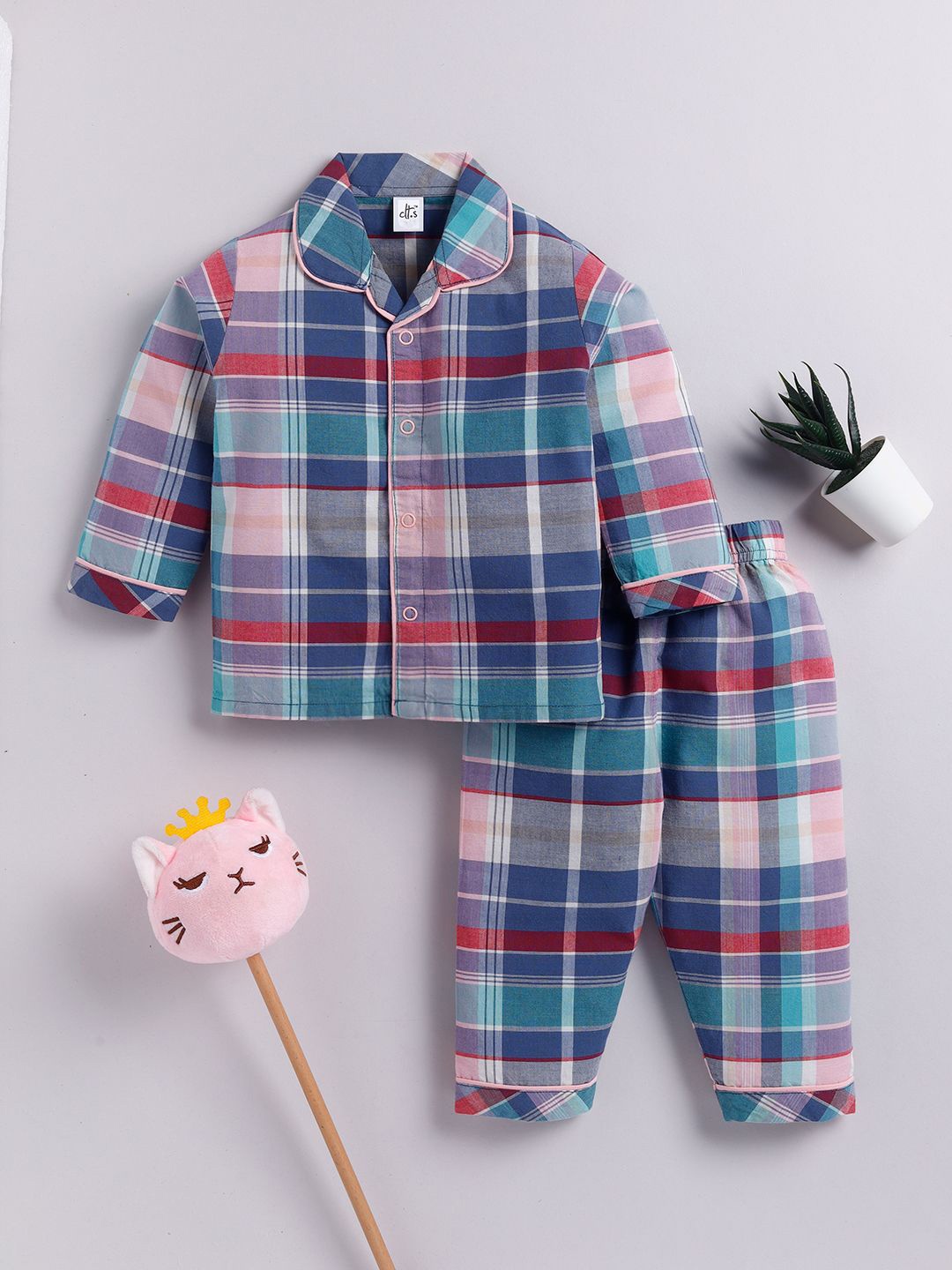 

Clt.s Kids Checked Pure Cotton Night suit, Blue