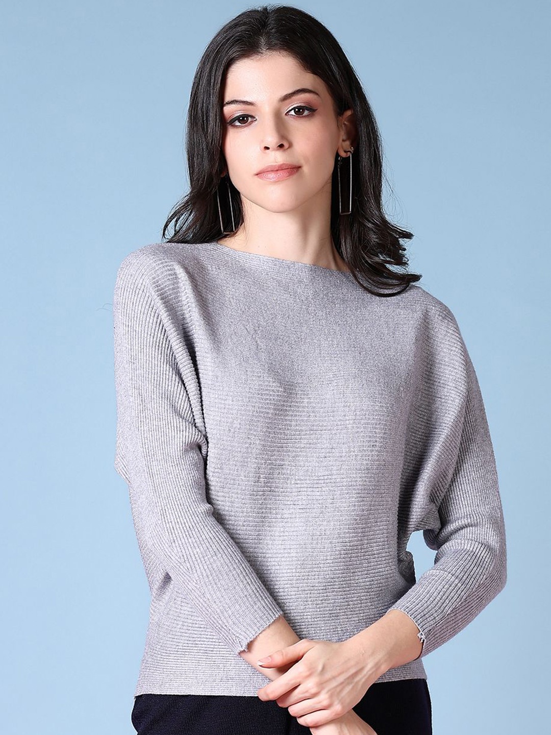 

V-Mart Women Boat Neck Pullover Sweater, Grey