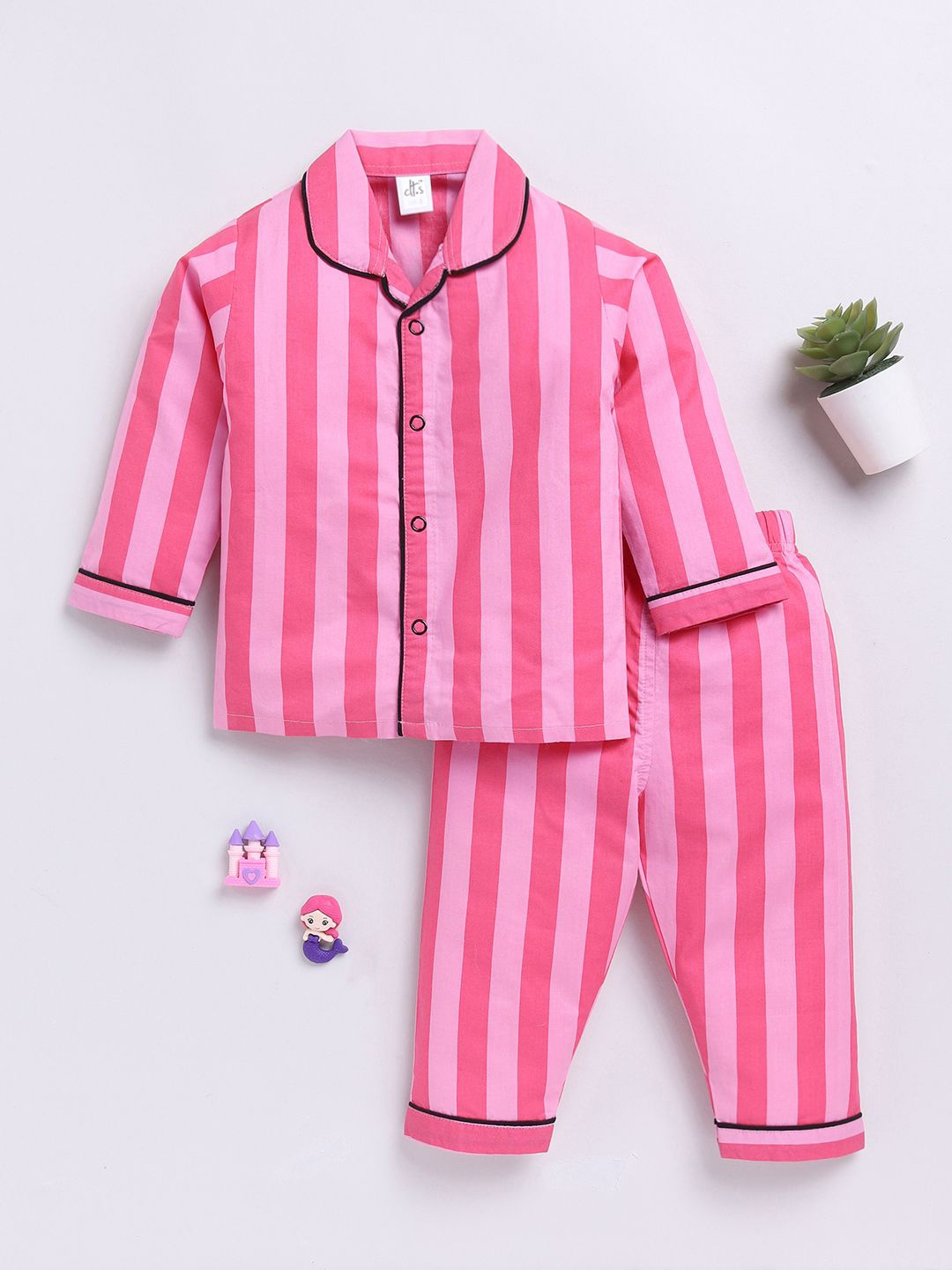 

Clt.s Kids Pure Cotton Striped Night suit, Pink