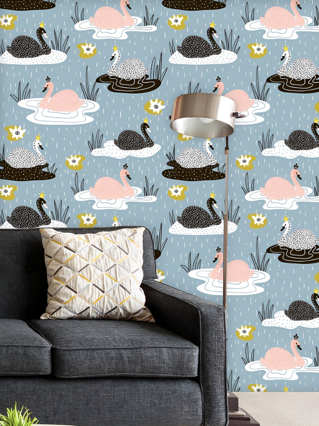 

ArtzFolio Printed UV-Resistant Anti-Bacterial Hand Drawn Swan Peel & Stick Wallpaper, Multi