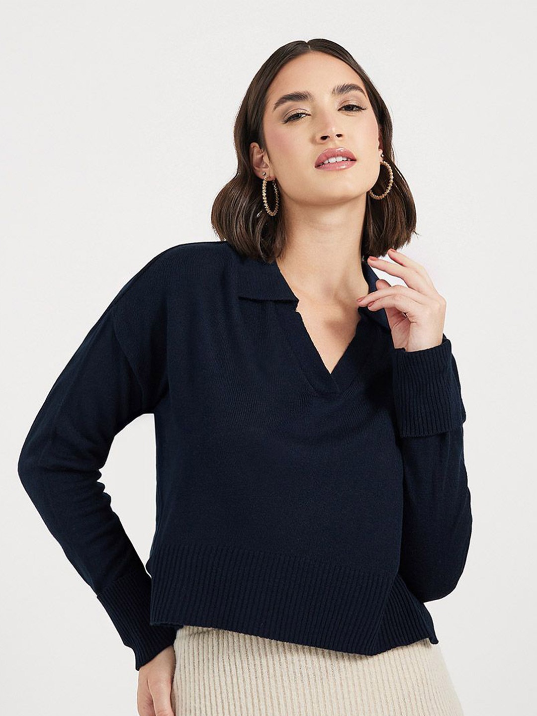 

Styli Women Boxy Fit Regular Length Collared Sweater, Navy blue