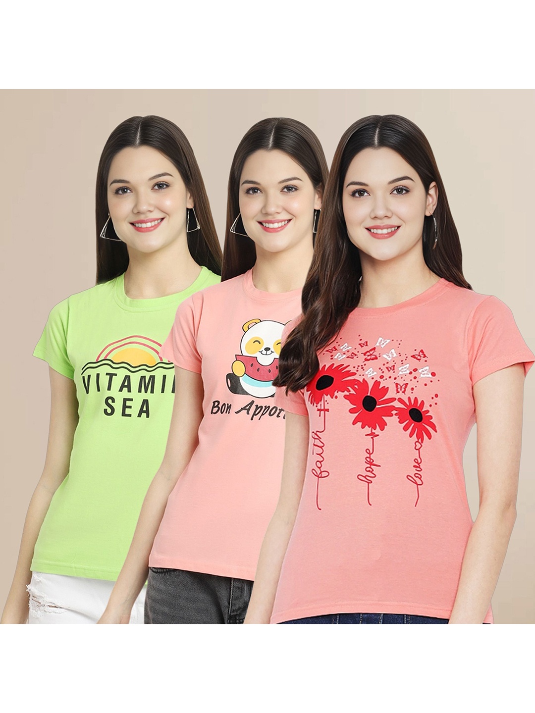 

Metronaut Women Pack Of 3 Typography Printed Round Neck Cotton T-shirts, Green