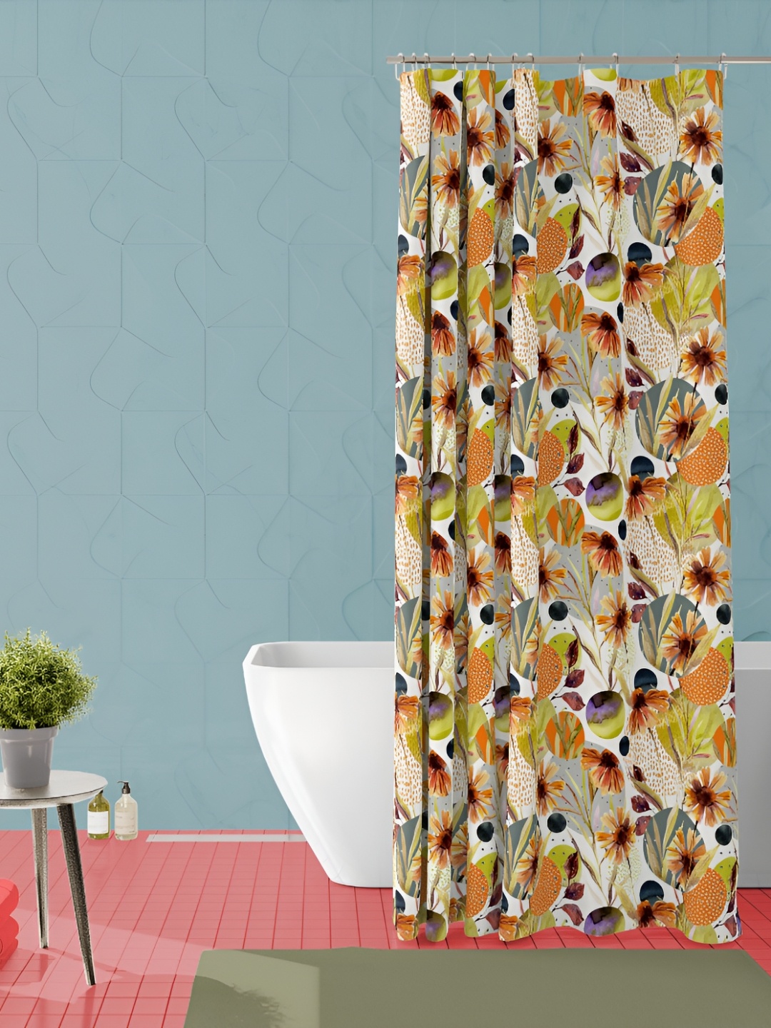 

ArtzFolio Orange and Green Floral Printed Waterproof Shower Curtain