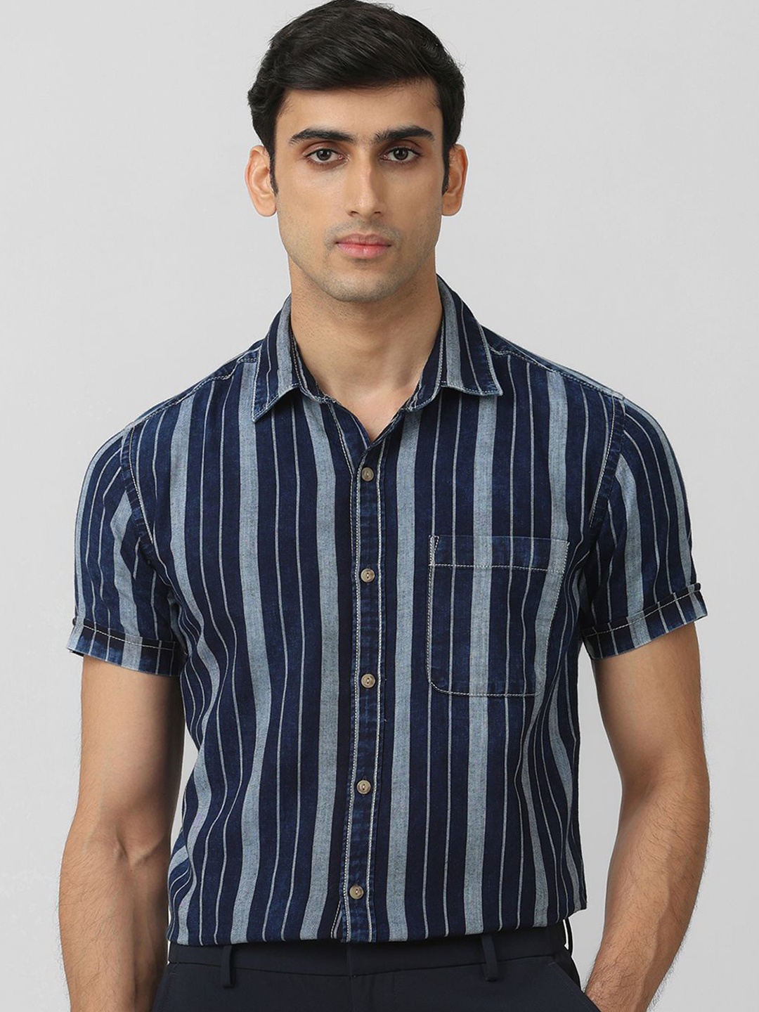 

Mufti Men Spread Collar Vertical Striped Cotton Slim Fit Casual Shirt, Blue