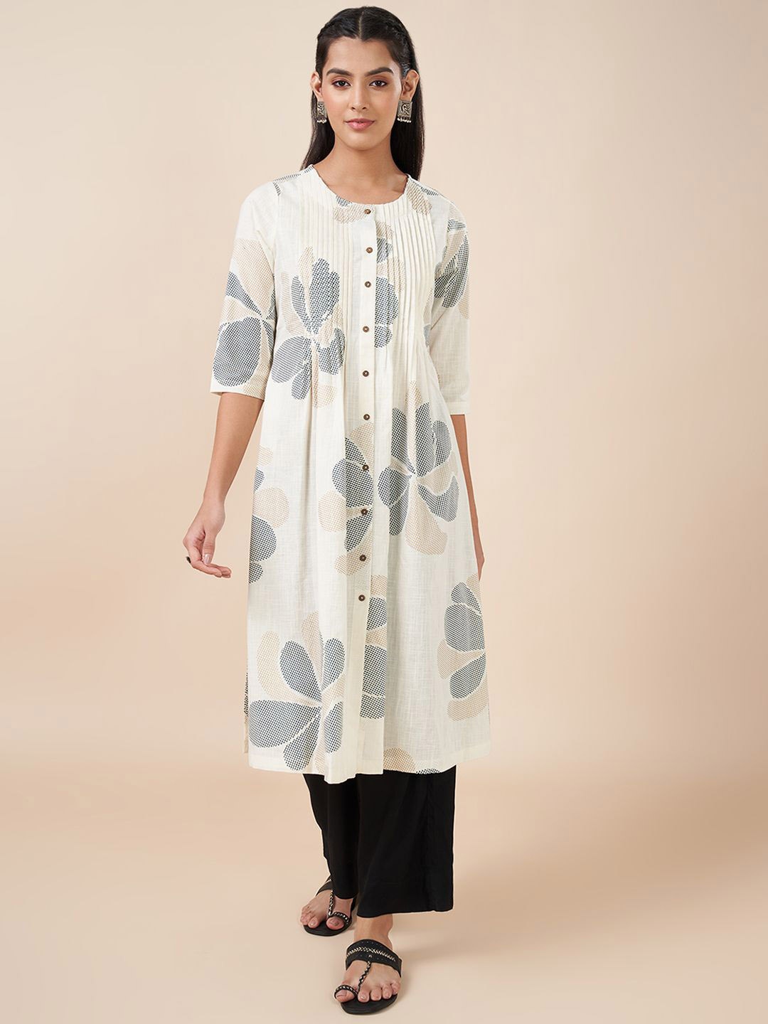 

RANGMANCH BY PANTALOONS Geometric Printed Pintuck A-Line Kurta, Cream